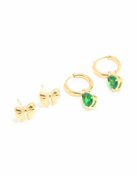 Waterproof Gold Plated Stainless Steel Cubic Zirconia Huggie & Bow Stud Earrings 2-Pack - link has visual effect only