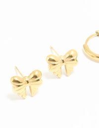 Waterproof Gold Plated Stainless Steel Cubic Zirconia Huggie & Bow Stud Earrings 2-Pack - link has visual effect only