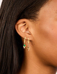 Waterproof Gold Plated Stainless Steel Cubic Zirconia & Lightning Bolt Huggie Earrings 2-Pack - link has visual effect only