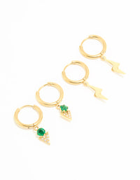 Waterproof Gold Plated Stainless Steel Cubic Zirconia & Lightning Bolt Huggie Earrings 2-Pack - link has visual effect only
