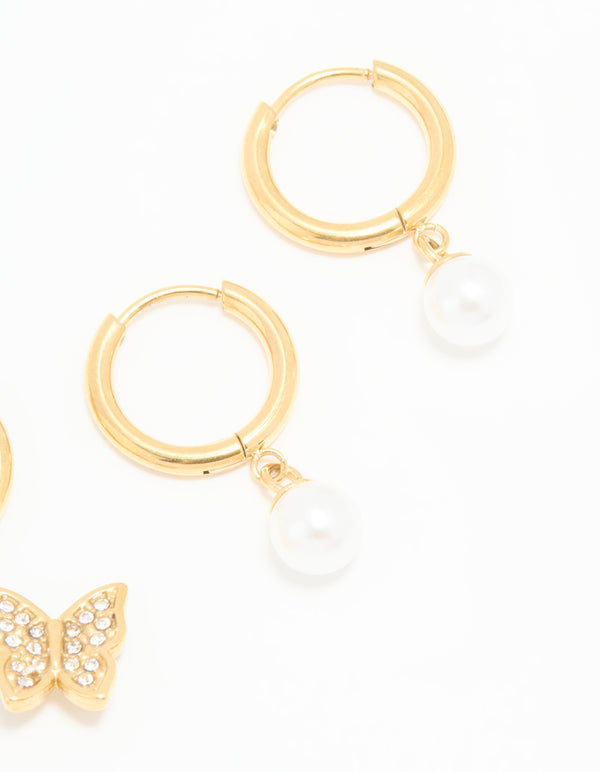 Waterproof Gold Plated Stainless Steel Diamante & Freshwater Pearl Butterfly Huggie Earrings 2-Pack