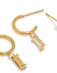 Waterproof Gold Plated Stainless Steel Cubic Zirconia Rectangle Stud & Hoop Earrings 2-Pack - link has visual effect only