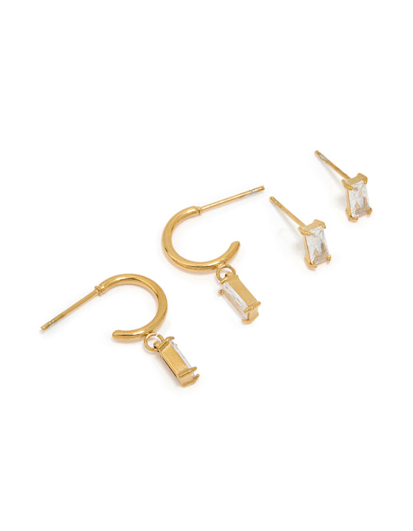 Waterproof Gold Plated Stainless Steel Cubic Zirconia Rectangle Stud & Hoop Earrings 2-Pack