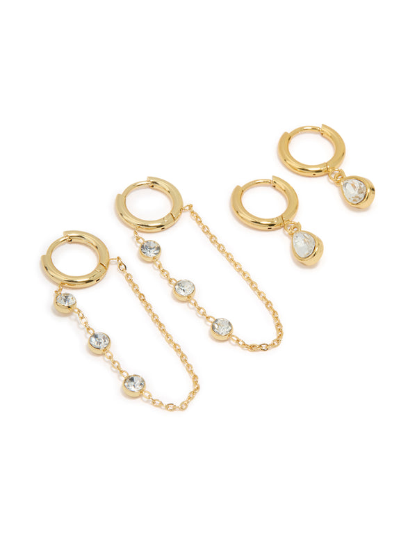 Waterproof Gold Plated Stainless Steel Cubic Zirconia Chain Droplet Earrings 2-Pack