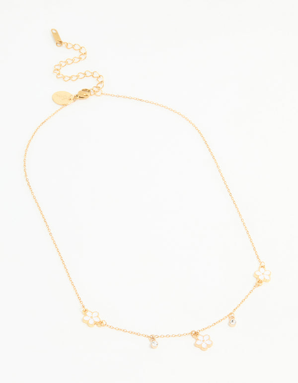 Waterproof Gold Plated Stainless Steel Cubic Zirconia Heart Floral Pendant Necklace