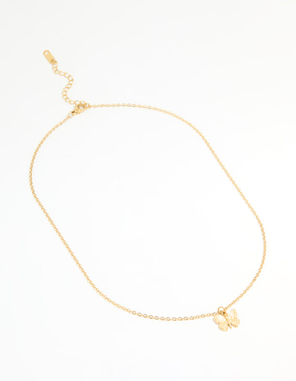 Waterproof Gold Plated Stainless Steel Textured Butterfly Necklace