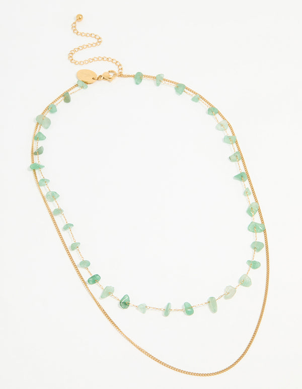 Waterproof Gold Plated Stainless Steel Green Stone Layered Necklace