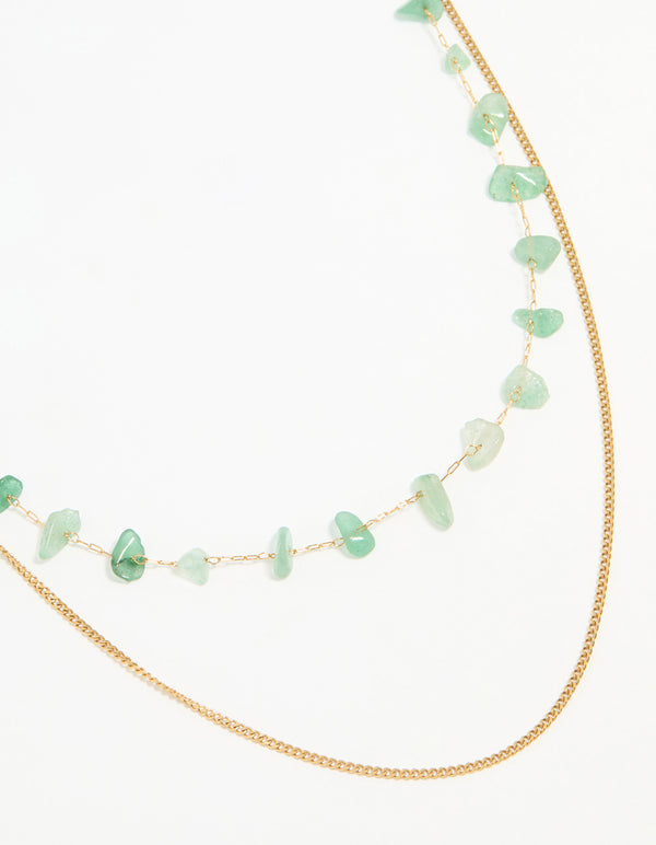 Waterproof Gold Plated Stainless Steel Green Stone Layered Necklace