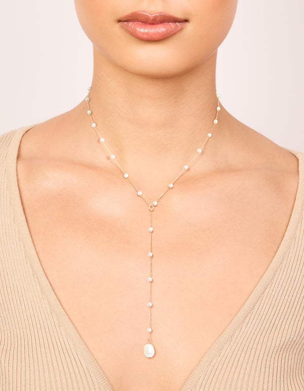 Waterproof Gold Plated Stainless Steel Pearl Y-Necklace