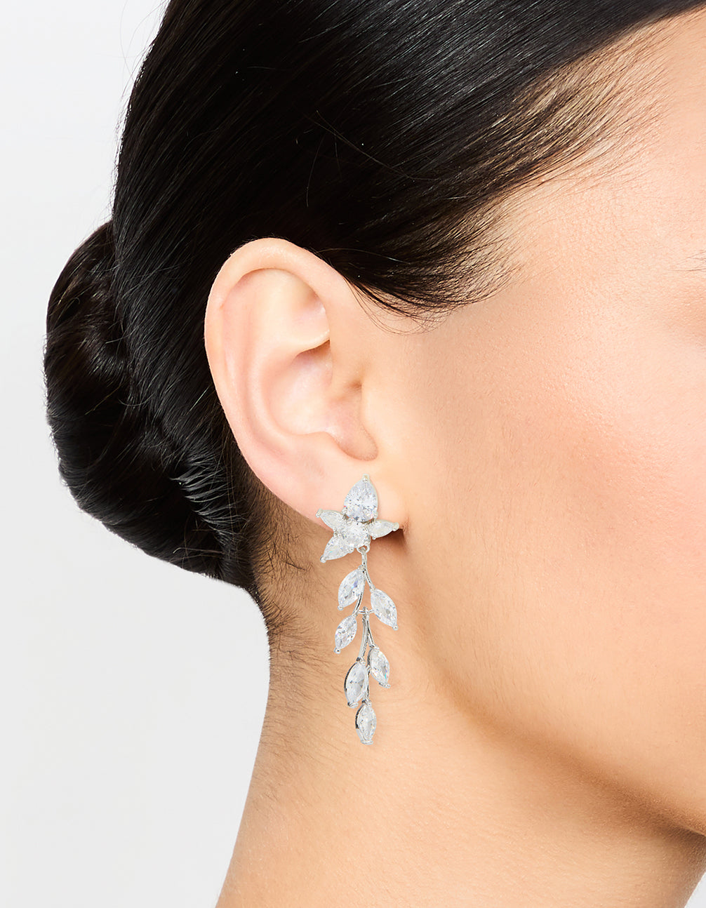 Silver Cubic Zirconia Leaf Flower Drop Earrings