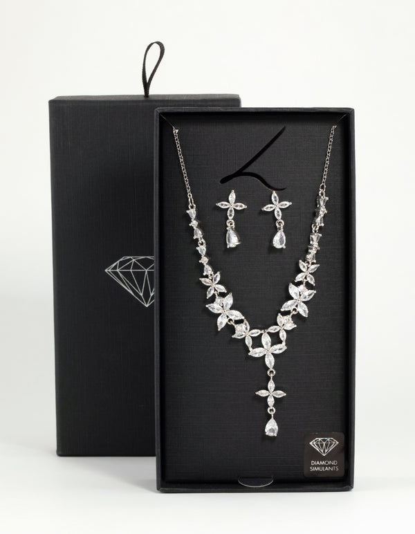 Silver Cubic Zirconia Flower Drop Earrings & Necklace Set