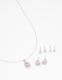 Silver Pink Cubic Zirconia Drop Necklace & Stud Earrings Set - link has visual effect only