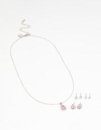Silver Pink Cubic Zirconia Drop Necklace & Stud Earrings Set - link has visual effect only