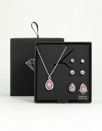 Silver Pink Cubic Zirconia Drop Necklace & Stud Earrings Set - link has visual effect only