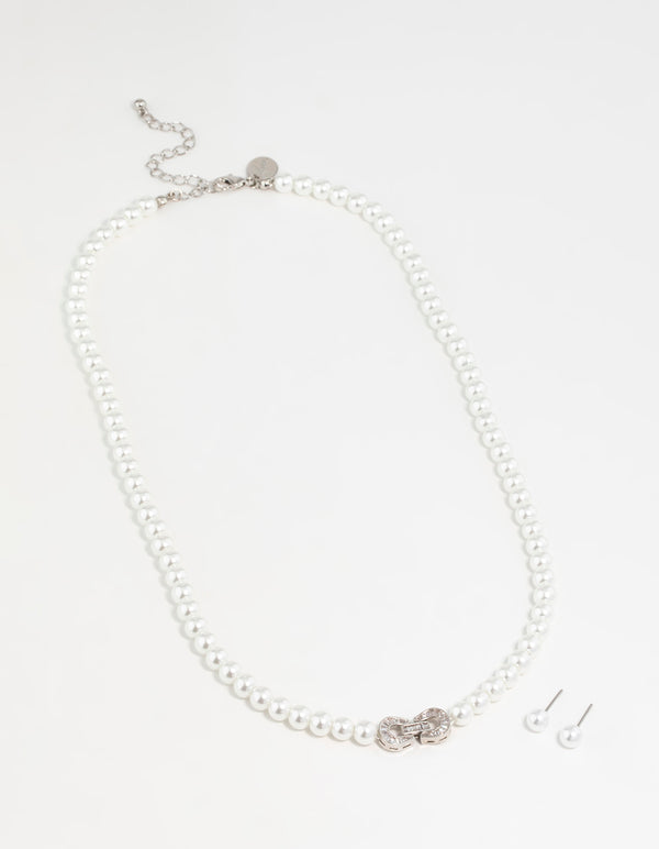 Silver Pearl Double Hoop Necklace & Earrings Set