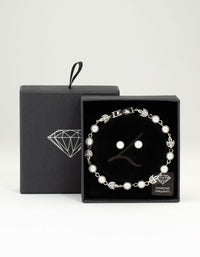 Silver Cubic Zirconia Pearl Leaf Bracelet & Earrings Set - link has visual effect only