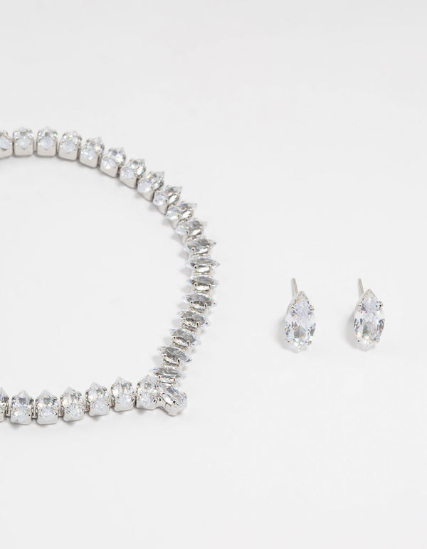 Silver Cubic Zirconia Marquise Tennis Bracelet & Earrings Set