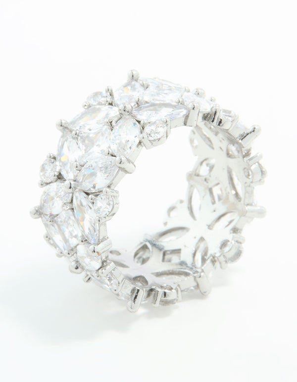 Silver Plated Cubic Zirconia Floral Wide Band Ring