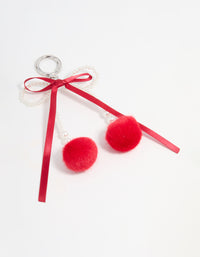 Pearl Beaded Bow & Red Pom Pom Keychain - link has visual effect only