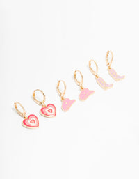 Kids Gold Pink Cowgirl & Heart Huggie Earrings 3-Pack - link has visual effect only
