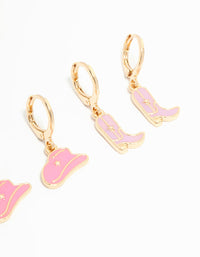 Kids Gold Pink Cowgirl & Heart Huggie Earrings 3-Pack - link has visual effect only
