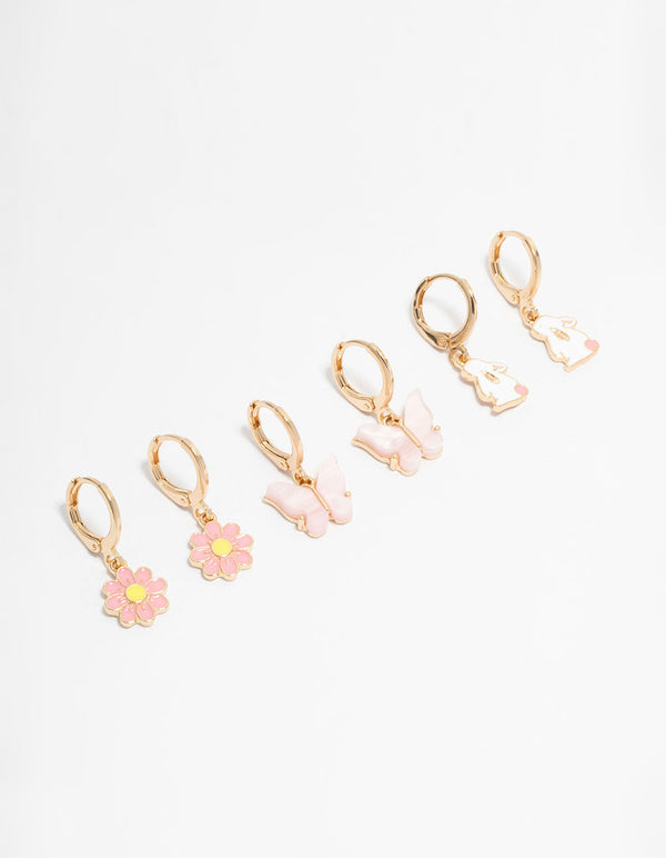 Kids Gold Bunny & Butterfly Huggie Earrings 3-Pack