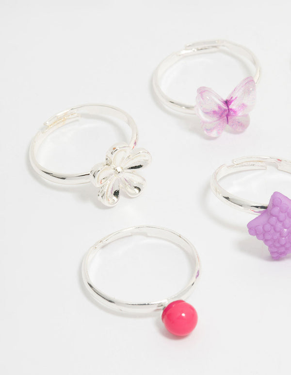 Kids Silver Pearl & Ombre Butterfly Fashion Rings 6-Pack