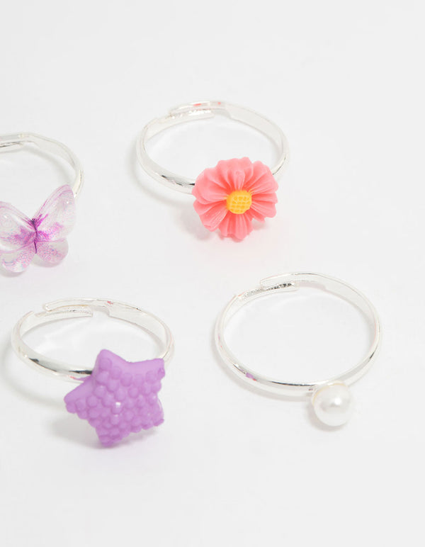 Kids Silver Pearl & Ombre Butterfly Fashion Rings 6-Pack
