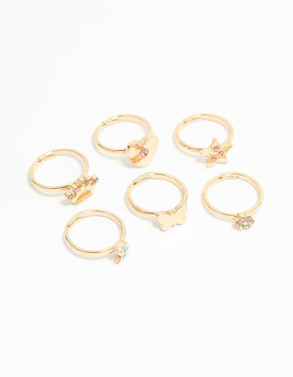 Kids Gold Diamante Butterfly Crown & Heart Fashion Rings 6-Pack