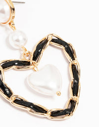 Gold Pearl Black Heart Drop Earrings - link has visual effect only