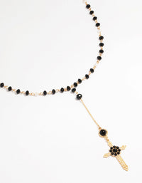 Gold & Black Beaded Cross Pendant Long Y-Necklace - link has visual effect only