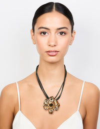 Gold Flower Fabric Black Cord Choker Necklace - link has visual effect only