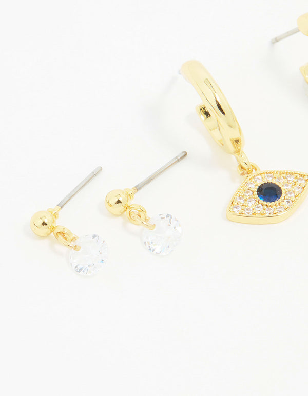 Gold Plated Cubic Zirconia Evil Eye Earrings 3-Pack