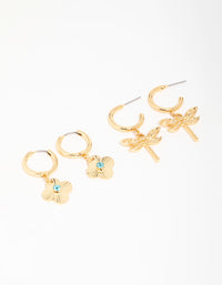 Gold Dragonfly & Flower Drop Earrings 2-Pack - link has visual effect only