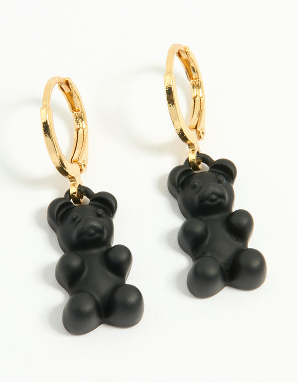 Gold Plated Black Gummy Bear Drop Earrings