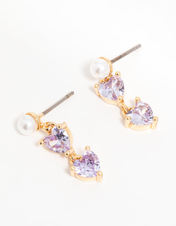 Gold Purple Cubic Zirconia Pearl Dainty Heart Drop Earrings