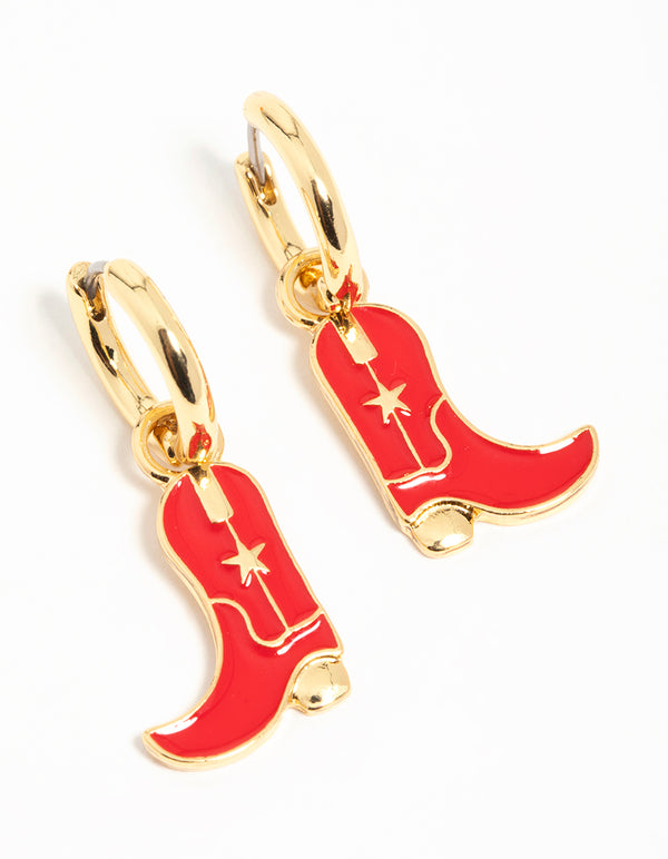 Gold Red Enamel Cowboy Boot Drop Earrings