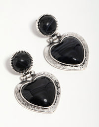 Silver Black Enamel Heart Drop Earrings - link has visual effect only