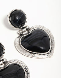 Silver Black Enamel Heart Drop Earrings - link has visual effect only