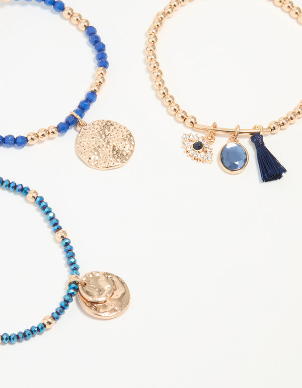 Gold Blue Beaded Stretch Bracelets 5-Pack