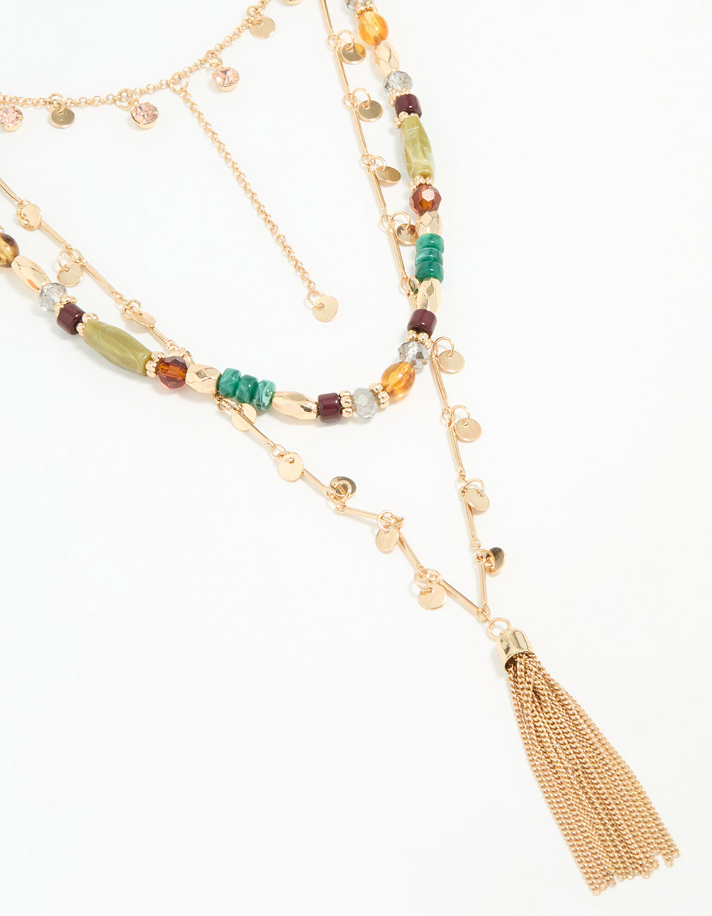 Gold Beaded Tassel Layered Necklace