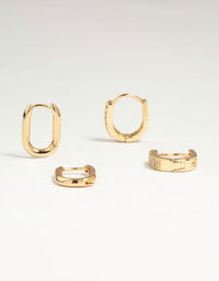 Gold Plated Brass Oval Plain & Cubic Zirconia Huggie Earrings 2-Pack - link has visual effect only