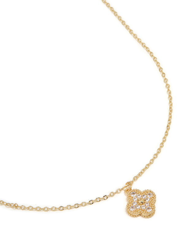 Gold Plated Brass Cubic Zirconia Flower Pendant Necklace