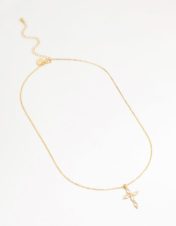 Gold Plated Brass Cubic Zirconia Marquise Cross Pendant Necklace