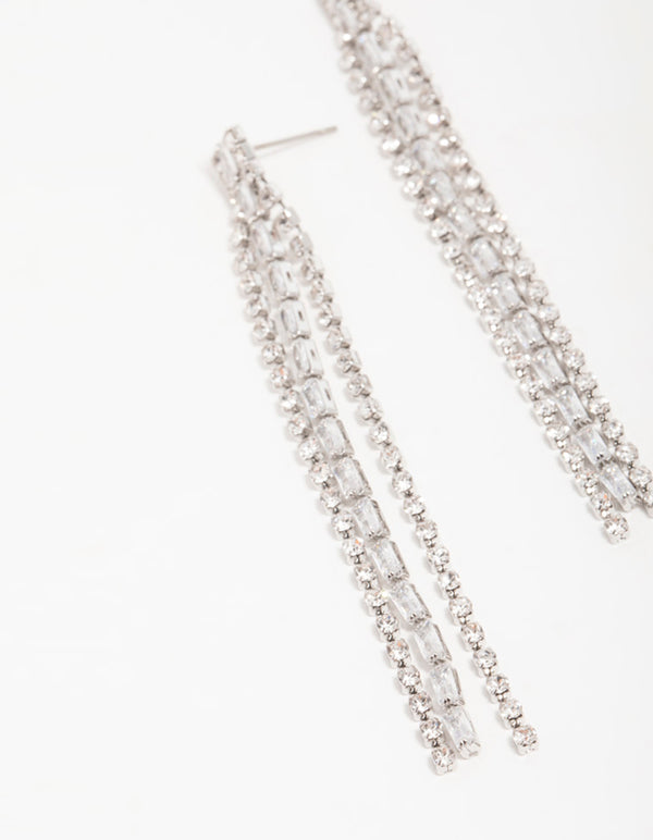 Silver Diamante Baguette Cupchain Drop Earrings