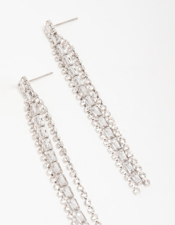 Silver Diamante Baguette Cupchain Drop Earrings