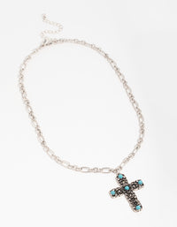 Antique Silver Turquoise Stone Cross Pendant Necklace - link has visual effect only