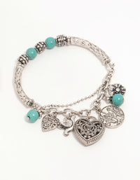 Antique Silver Turquoise Heart Charm Stretch Bracelet - link has visual effect only