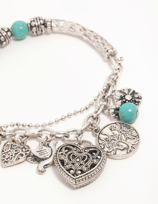 Antique Silver Turquoise Heart Charm Stretch Bracelet
