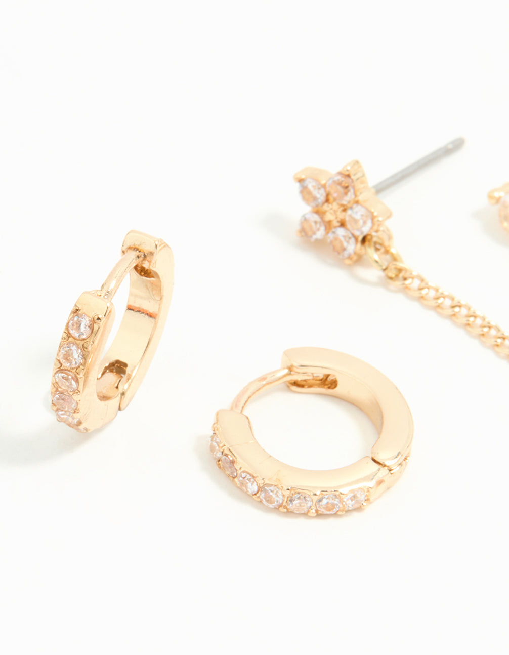 Gold Cubic Zirconia Chain & Flower Huggie Earrings 2-Pack